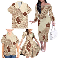 Bula Fiji Classic Masi Tapa Family Matching Off The Shoulder Long Sleeve Dress and Hawaiian Shirt Vintage Beige - Polynesian Pride