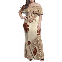 Bula Fiji Classic Masi Tapa Family Matching Off Shoulder Maxi Dress and Hawaiian Shirt Vintage Beige - Polynesian Pride