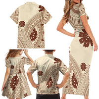 Bula Fiji Classic Masi Tapa Family Matching Short Sleeve Bodycon Dress and Hawaiian Shirt Vintage Beige - Polynesian Pride