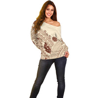 Bula Fiji Classic Masi Tapa Off Shoulder Sweater Vintage Beige - Polynesian Pride