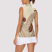 Bula Fiji Classic Masi Tapa Women Sleeveless Polo Shirt Vintage Beige - Polynesian Pride