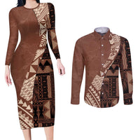Bula Fiji Couples Matching Long Sleeve Bodycon Dress and Long Sleeve Button Shirt Tribal Masi Tapa - Brown LT7
