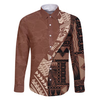 Bula Fiji Family Matching Off Shoulder Maxi Dress and Hawaiian Shirt Tribal Masi Tapa - Brown LT7 Dad's Shirt - Long Sleeve Brown - Polynesian Pride