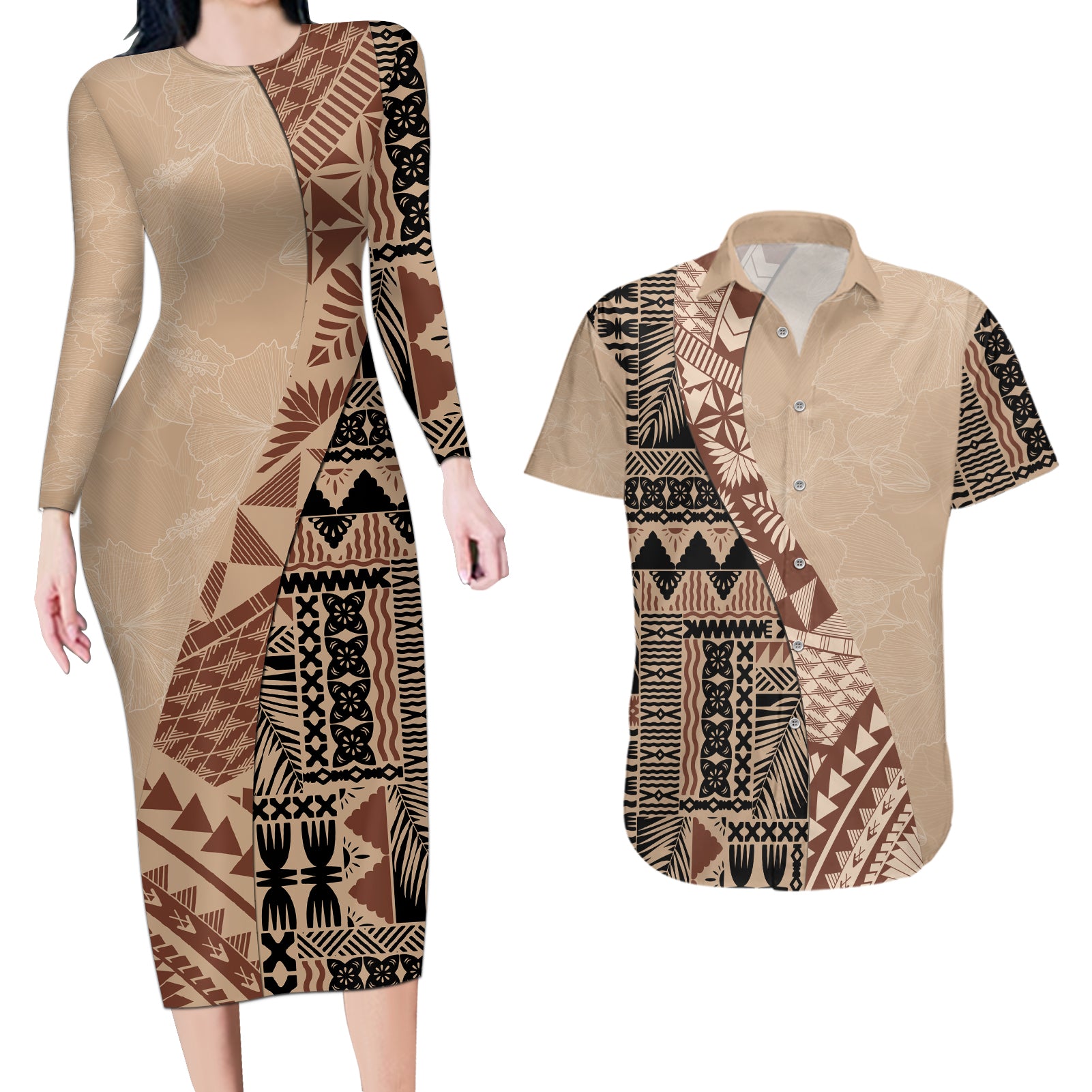 Bula Fiji Couples Matching Long Sleeve Bodycon Dress and Hawaiian Shirt Tribal Masi Tapa - Beige LT7 Beige - Polynesian Pride