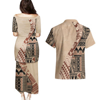 Bula Fiji Couples Matching Puletasi Dress and Hawaiian Shirt Tribal Masi Tapa - Beige LT7 - Polynesian Pride
