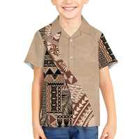 Bula Fiji Family Matching Off Shoulder Short Dress and Hawaiian Shirt Tribal Masi Tapa - Beige LT7 Son's Shirt Beige - Polynesian Pride