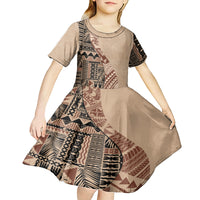 Bula Fiji Kid Short Sleeve Dress Tribal Masi Tapa - Beige LT7 - Polynesian Pride