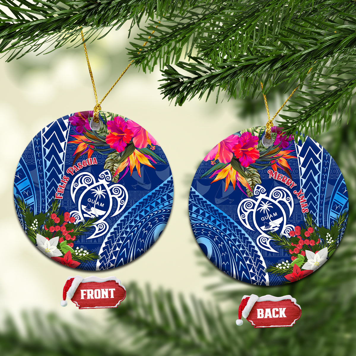 Guam Christmas Ceramic Ornament Turtle Mix Tapa Felis Pasgua LT7 Circle Blue - Polynesian Pride
