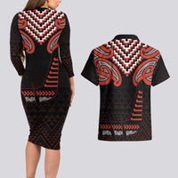 Maori Waitangi Couples Matching Long Sleeve Bodycon Dress and Hawaiian Shirt Kotahitanga Poutama Mix Whakairo - Polynesian Pride