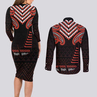 Maori Waitangi Couples Matching Long Sleeve Bodycon Dress and Long Sleeve Button Shirt Kotahitanga Poutama Mix Whakairo - Polynesian Pride