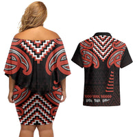 Maori Waitangi Couples Matching Off Shoulder Short Dress and Hawaiian Shirt Kotahitanga Poutama Mix Whakairo - Polynesian Pride
