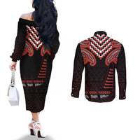 Maori Waitangi Couples Matching Off The Shoulder Long Sleeve Dress and Long Sleeve Button Shirt Kotahitanga Poutama Mix Whakairo - Polynesian Pride
