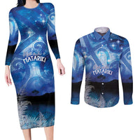NZ Maori Matariki Scenery Couples Matching Long Sleeve Bodycon Dress and Long Sleeve Button Shirt Galaxy Sky LT7 Galaxy - Polynesian Pride