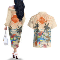 Personalized Christmas In July - Hawaii Retro Couples Matching Off The Shoulder Long Sleeve Dress and Hawaiian Shirt Lost In Parrot-dise
