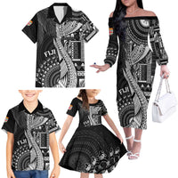 Fiji Rugby Personalised Bula Masi Family Matching Off The Shoulder Long Sleeve Dress and Hawaiian Shirt Fish Tail Kaivity Cibi - Black