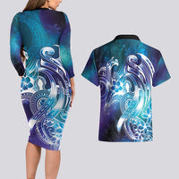 Aloha Hawaii Turtle Couples Matching Long Sleeve Bodycon Dress and Hawaiian Shirt Teal Purple Ribbon - Polynesian Pride