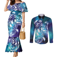 Aloha Hawaii Turtle Couples Matching Mermaid Dress and Long Sleeve Button Shirt Teal Purple Ribbon - Polynesian Pride