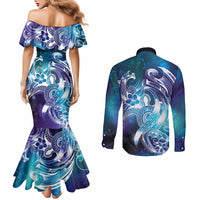 Aloha Hawaii Turtle Couples Matching Mermaid Dress and Long Sleeve Button Shirt Teal Purple Ribbon - Polynesian Pride