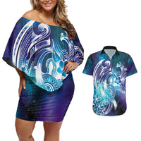 Aloha Hawaii Turtle Couples Matching Off Shoulder Short Dress and Hawaiian Shirt Teal Purple Ribbon - Polynesian Pride