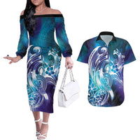 Aloha Hawaii Turtle Couples Matching Off The Shoulder Long Sleeve Dress and Hawaiian Shirt Teal Purple Ribbon - Polynesian Pride