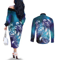 Aloha Hawaii Turtle Couples Matching Off The Shoulder Long Sleeve Dress and Long Sleeve Button Shirt Teal Purple Ribbon - Polynesian Pride