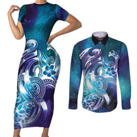 Aloha Hawaii Turtle Couples Matching Short Sleeve Bodycon Dress and Long Sleeve Button Shirt Teal Purple Ribbon - Polynesian Pride