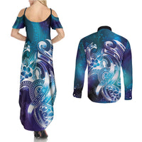 Aloha Hawaii Turtle Couples Matching Summer Maxi Dress and Long Sleeve Button Shirt Teal Purple Ribbon - Polynesian Pride