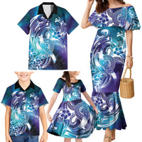 Aloha Hawaii Turtle Family Matching Mermaid Dress and Hawaiian Shirt Teal Purple Ribbon - Polynesian Pride