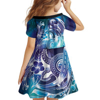 Aloha Hawaii Turtle Family Matching Off Shoulder Short Dress and Hawaiian Shirt Teal Purple Ribbon - Polynesian Pride
