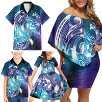 Aloha Hawaii Turtle Family Matching Off Shoulder Short Dress and Hawaiian Shirt Teal Purple Ribbon - Polynesian Pride