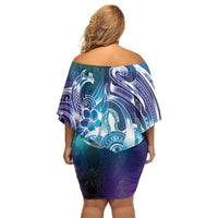Aloha Hawaii Turtle Family Matching Off Shoulder Short Dress and Hawaiian Shirt Teal Purple Ribbon - Polynesian Pride