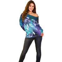 Aloha Hawaii Turtle Off Shoulder Sweater Teal Purple Ribbon - Polynesian Pride