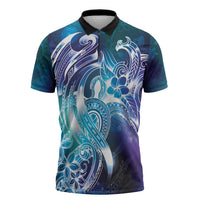 Aloha Hawaii Turtle Zipper Polo Shirt Teal Purple Ribbon - Polynesian Pride