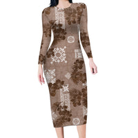 Vintage Hawaii Long Sleeve Bodycon Dress Hibiscus Mix Hawaiian Quilt Patches - Brown LT7 Long Dress Brown - Polynesian Pride