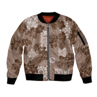 Vintage Hawaii Sleeve Zip Bomber Jacket Hibiscus Mix Hawaiian Quilt Patches - Brown LT7 Unisex Brown - Polynesian Pride