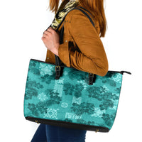 Vintage Hawaii Leather Tote Bag Hibiscus Mix Hawaiian Quilt Patches - Teal LT7 Teal - Polynesian Pride