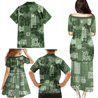 Hawaii Tapa Family Matching Puletasi Dress and Hawaiian Shirt Hibiscus Mix Hawaiian Quilt Patches - Sage Green LT7 - Polynesian Pride