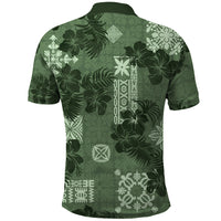 Hawaii Tapa Polo Shirt Hibiscus Mix Hawaiian Quilt Patches - Sage Green LT7 - Polynesian Pride
