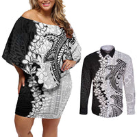 Polynesian Plumeria Lei Couples Matching Off Shoulder Short Dress and Long Sleeve Button Shirt with Hammerhead Shark