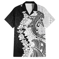 Polynesian Plumeria Lei Family Matching Off Shoulder Short Dress and Hawaiian Shirt with Hammerhead Shark