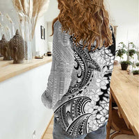 Polynesian Plumeria Lei Women Casual Shirt with Hammerhead Shark