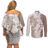 Polynesian Beige Plumeria Lei Couples Matching Off Shoulder Short Dress and Long Sleeve Button Shirt with Hammerhead Shark LT7 - Polynesian Pride