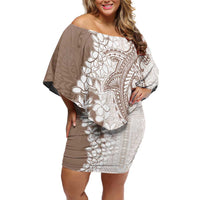 Polynesian Beige Plumeria Lei Family Matching Off Shoulder Short Dress and Hawaiian Shirt with Hammerhead Shark