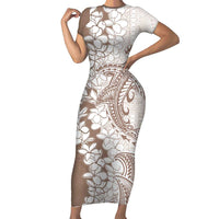 Polynesian Beige Plumeria Lei Short Sleeve Bodycon Dress with Hammerhead Shark LT7 Long Dress Beige - Polynesian Pride
