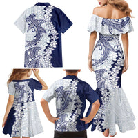 Polynesian Navy Blue Plumeria Lei Family Matching Mermaid Dress and Hawaiian Shirt with Hammerhead Shark