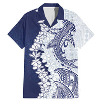Polynesian Navy Blue Plumeria Lei Family Matching Mermaid Dress and Hawaiian Shirt with Hammerhead Shark