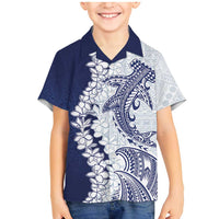 Polynesian Navy Blue Plumeria Lei Family Matching Mermaid Dress and Hawaiian Shirt with Hammerhead Shark