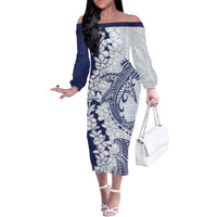 Polynesian Navy Blue Plumeria Lei Family Matching Off The Shoulder Long Sleeve Dress and Hawaiian Shirt with Hammerhead Shark