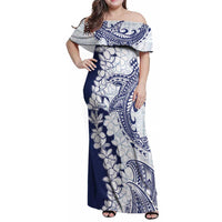 Polynesian Navy Blue Plumeria Lei Family Matching Off Shoulder Maxi Dress and Hawaiian Shirt with Hammerhead Shark
