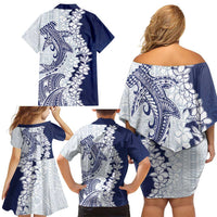 Polynesian Navy Blue Plumeria Lei Family Matching Off Shoulder Short Dress and Hawaiian Shirt with Hammerhead Shark